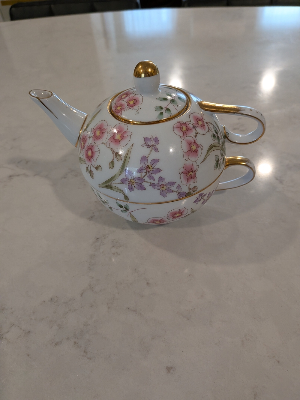 Nantucket Porcelain Floral Teapot & Teacup Tewith Pink and Purple Flowers